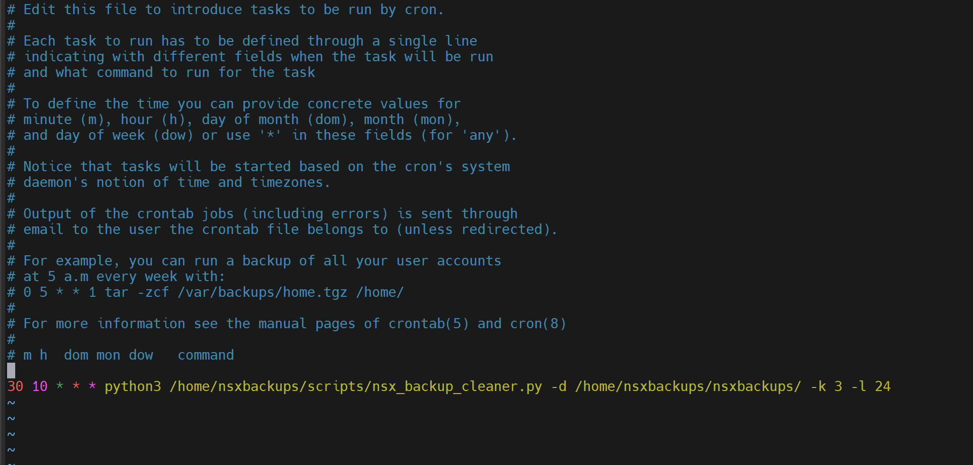 NSX Backup crontab configuration