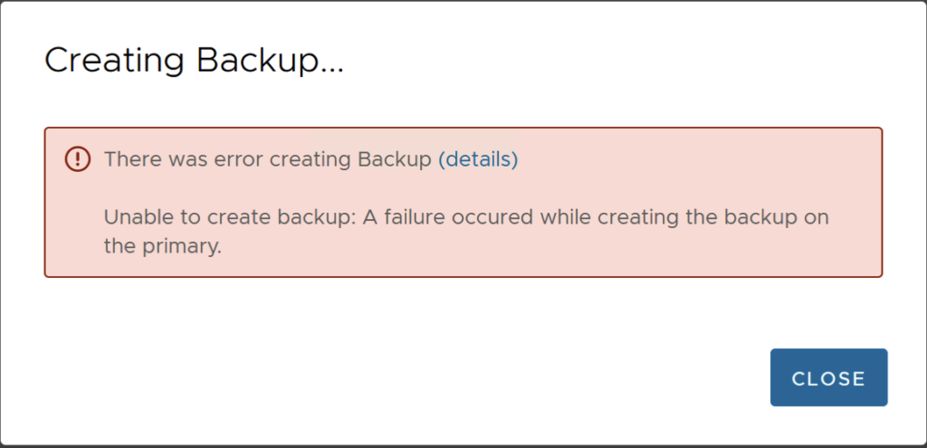 VMware Cloud Director VAMI Backup - Error Message